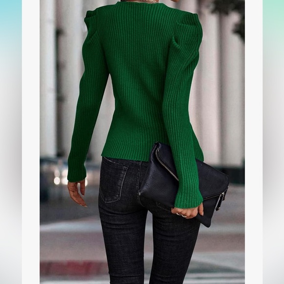 Women's Rib Knit Sweater Casual Long Puff Sleeve (Dark Green,Medium) - Picture 2 of 7